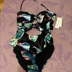 Hula Honey Black One-Piece Swimsuit with Tropical Leaf Print